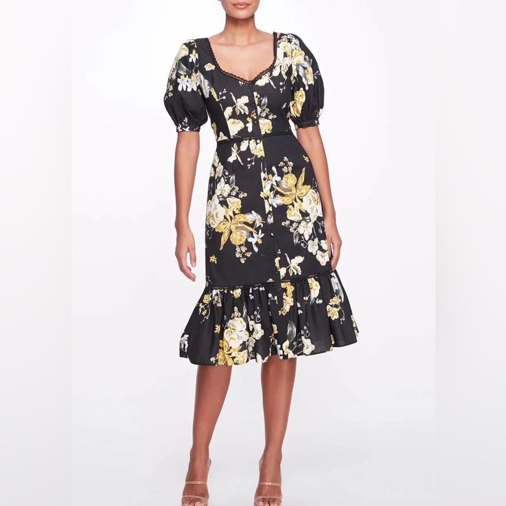 Marchesa Black and Gold Floral Midi Dress